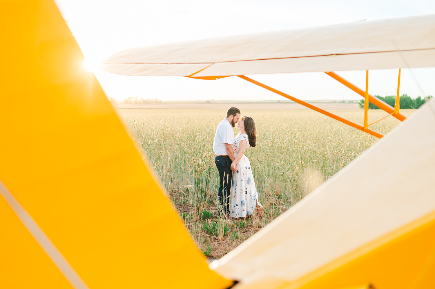 A couple stands in a field artistically framed by a yellow airplane.